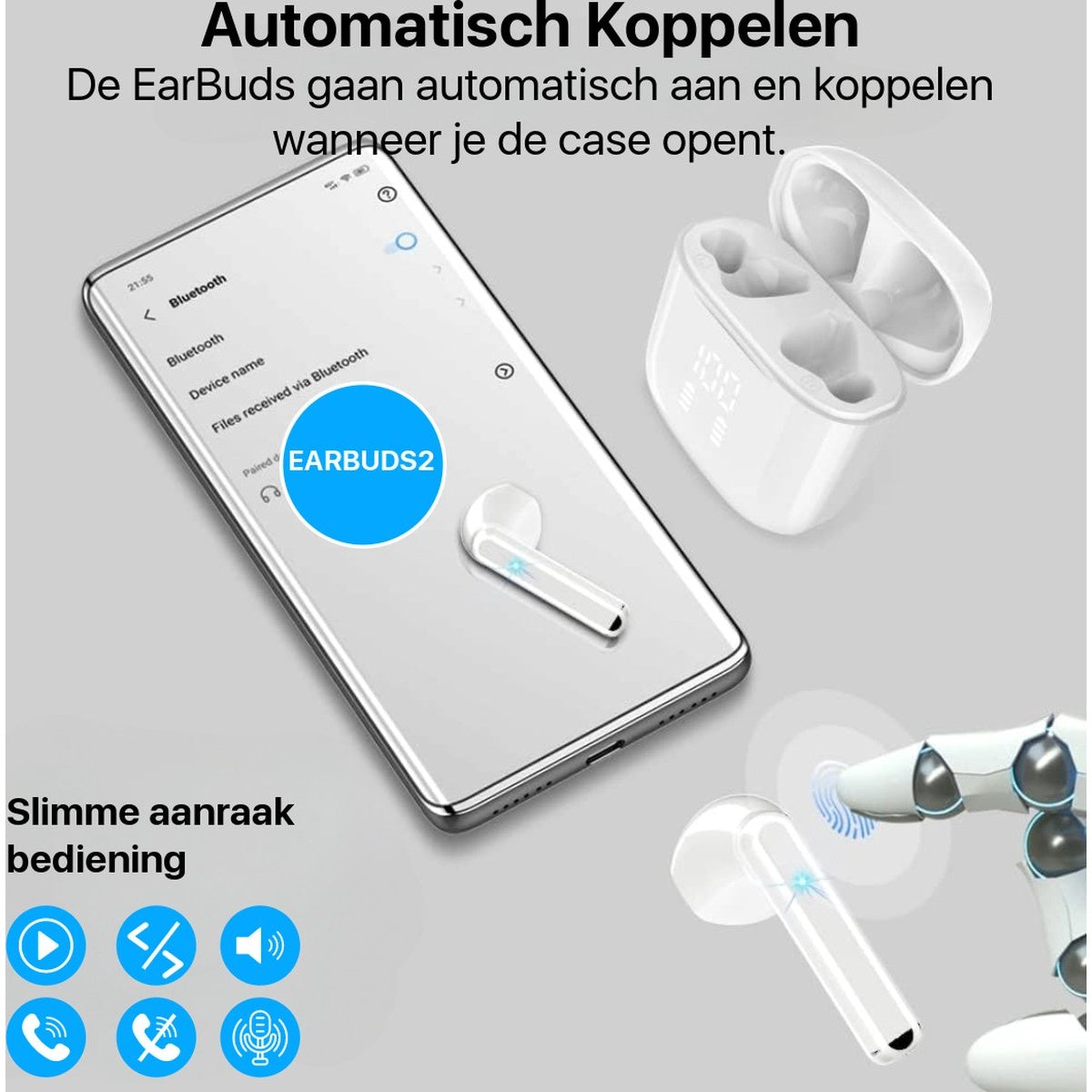 A smartphone showing Bluetooth settings paired with 'EARBUDS2', with a charging case and earbuds. Touch control icons are at the bottom.