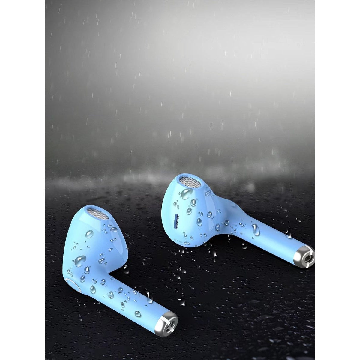 Two light blue wireless earbuds with water droplets on a dark surface. Rain is falling in the background.