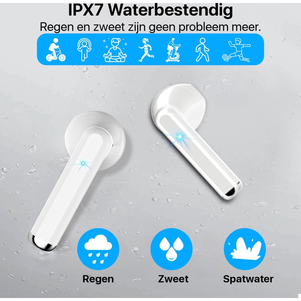 White earbuds with blue accents on a water-drop background. Icons show water, sweat, and activities. Text: IPX7 Water-resistant.