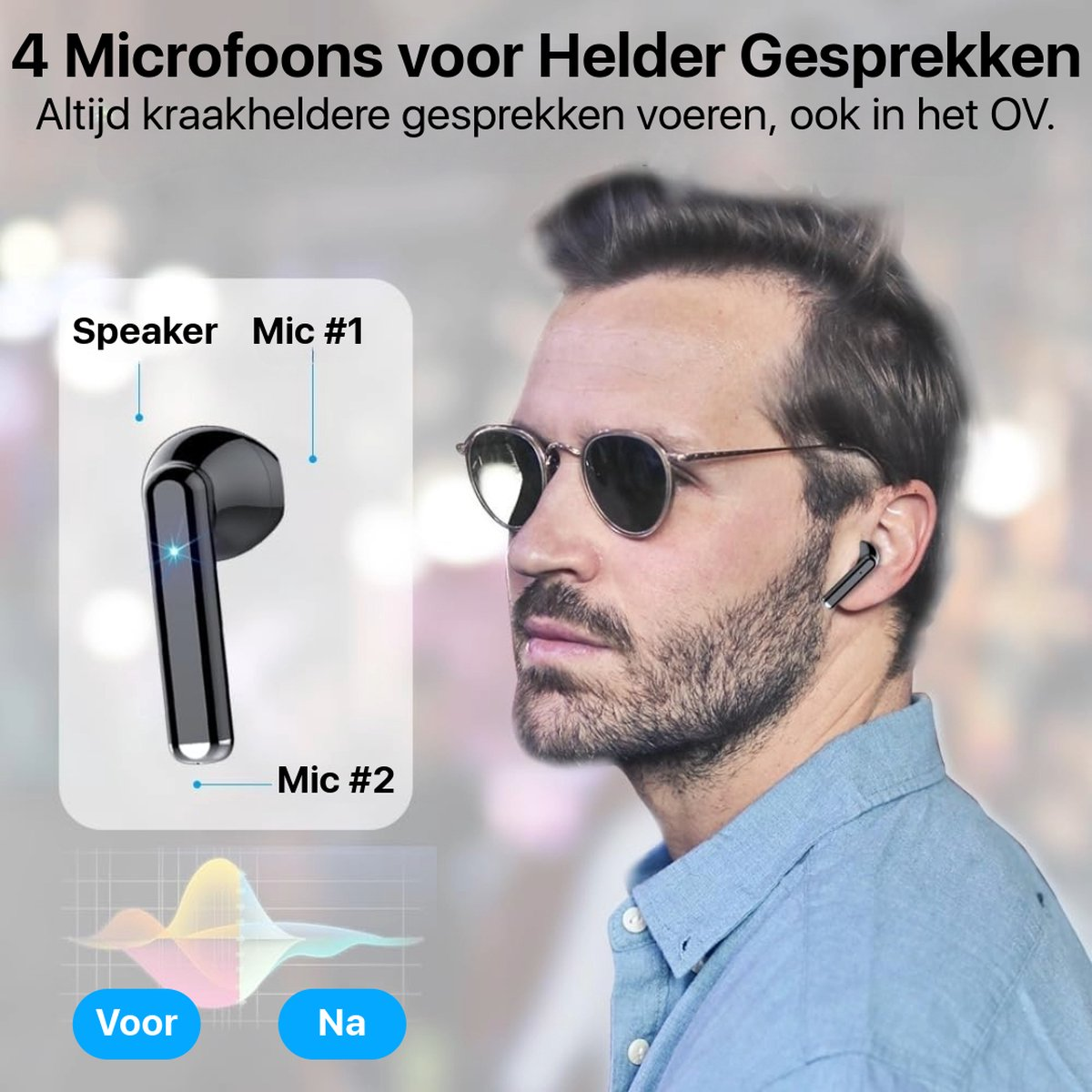 A man wearing sunglasses and a blue shirt, demonstrating an earbud. Text indicates 4 microphones for clear conversations.