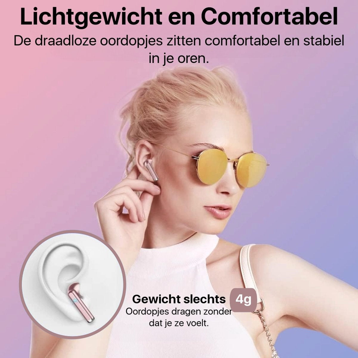 A woman with sunglasses and earbuds. Text says 'Lightweight and Comfortable.' A diagram shows an ear with an earbud and the text '4g'.