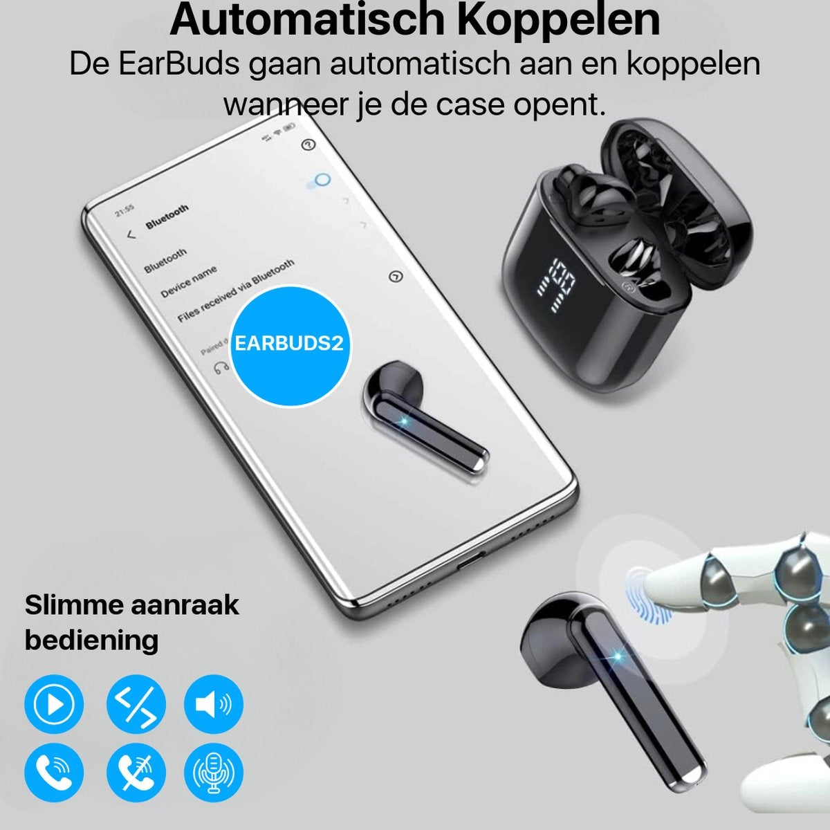 Image shows earbuds and phone. The phone displays Bluetooth settings, paired with 'EARBUDS2'. Earbuds case is open.  Text: Automatisch Koppelen.