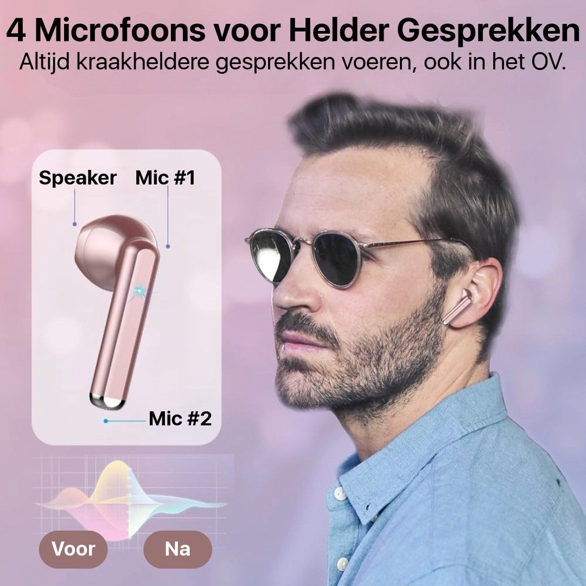 Man wearing sunglasses and an earbud, text describes 4 microphones for clear conversations. Diagram shows sound wave. Pink and blue tones.