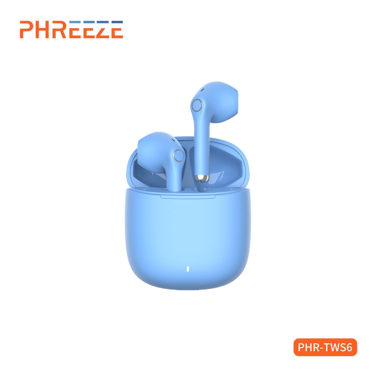 Light blue wireless earbuds in a charging case. The brand name, PHREEZE, is at the top left. The model name is PHR-TWS6.