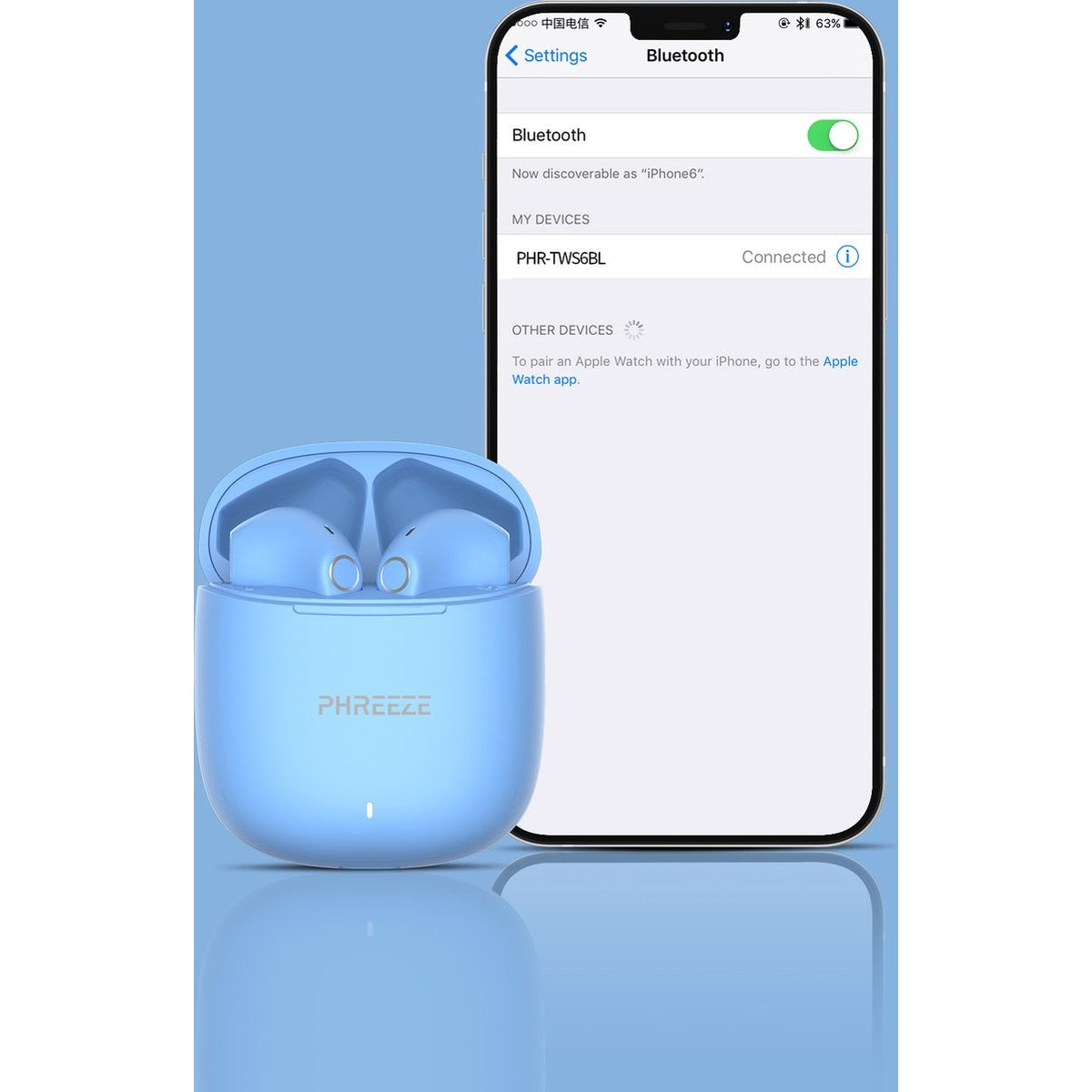 A blue wireless earbud charging case next to a phone screen showing Bluetooth settings. Earbuds are in the open case.