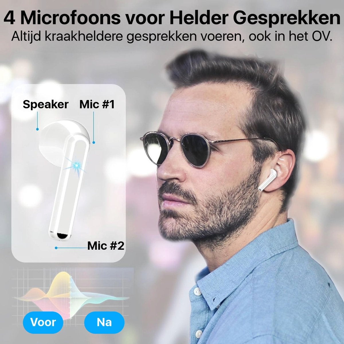 A man wearing sunglasses and an earbud. A diagram shows an earbud with labeled parts: Speaker, Mic #1, and Mic #2. Text also included.