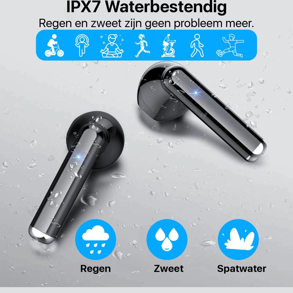 Two black wireless earbuds with water droplets. Text indicates waterproof and sweat resistant.