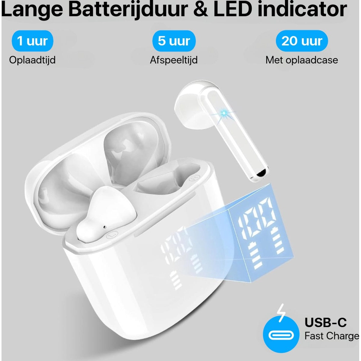 White earbuds and charging case. Display shows battery level. Text indicates long battery life and fast charging with USB-C.