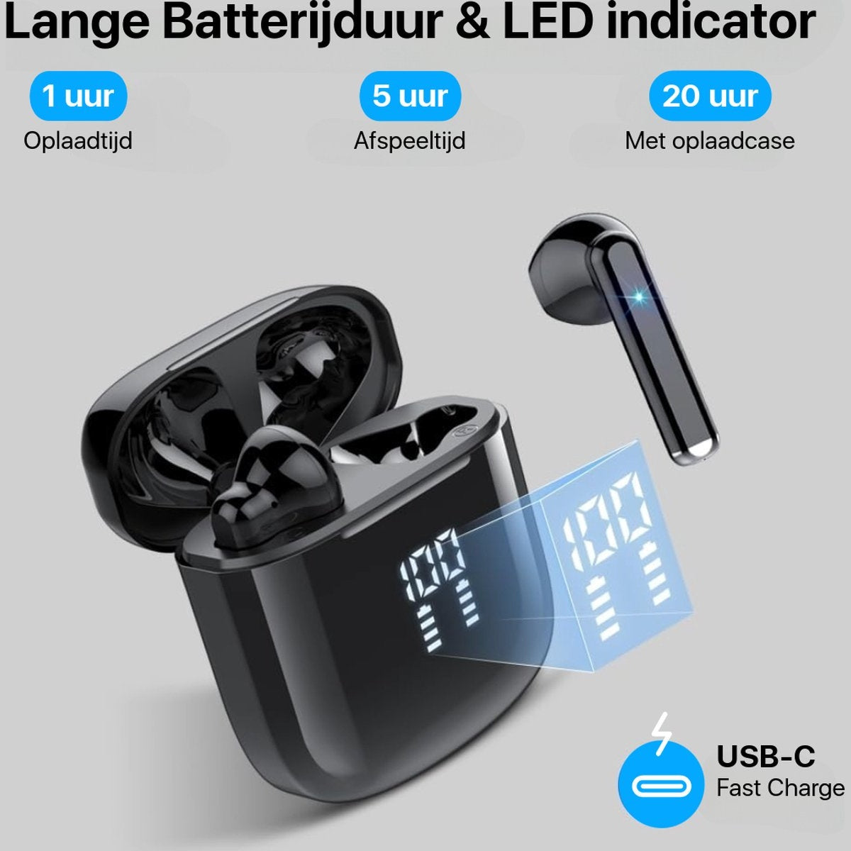 Black earbuds with charging case. Displays show 100%. Labels show 1 hour charge, 5 hour play, and 20 hours with case. USB-C.