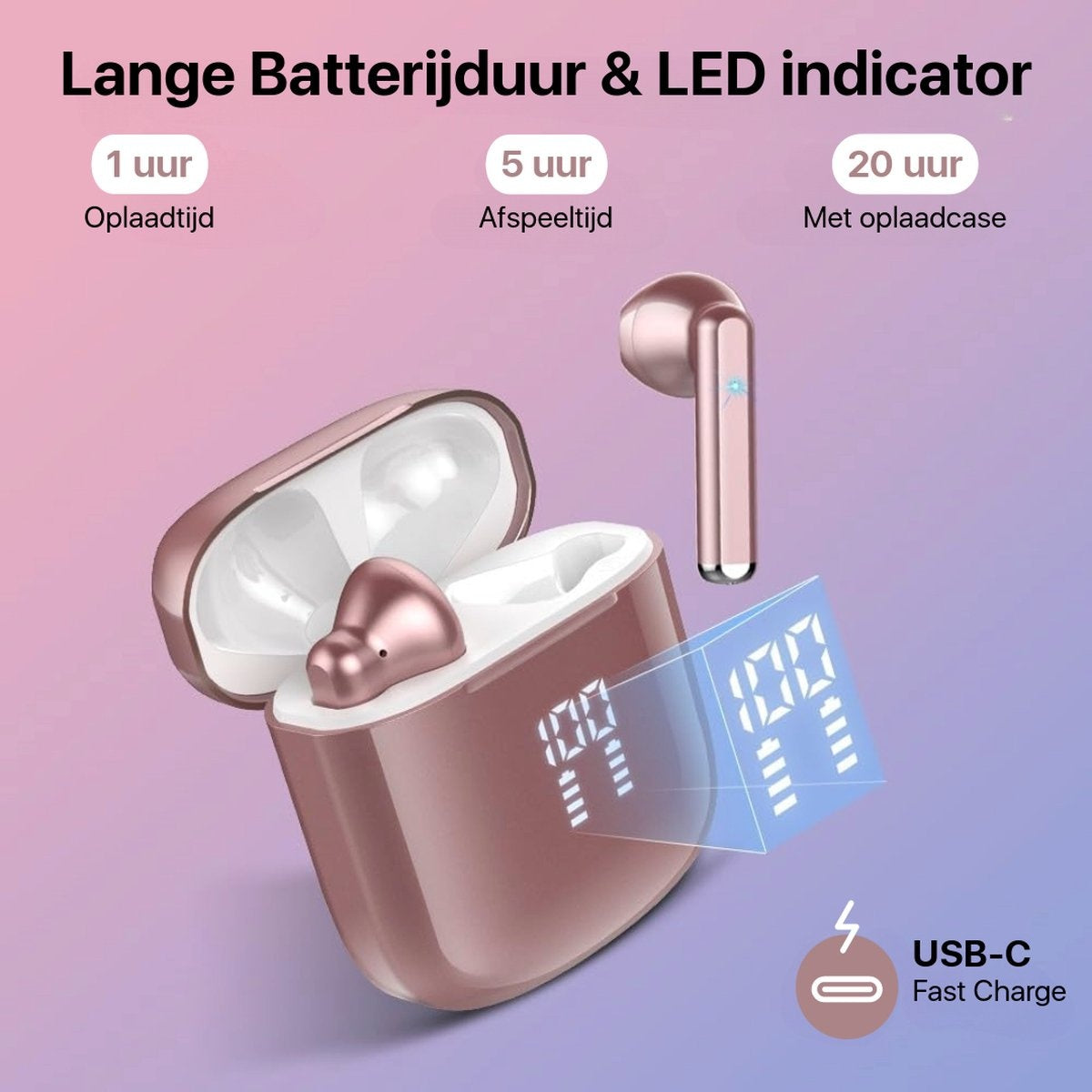 Rose gold wireless earbuds and charging case. Display shows 100%. Text mentions charging time, playtime, and USB-C fast charge.