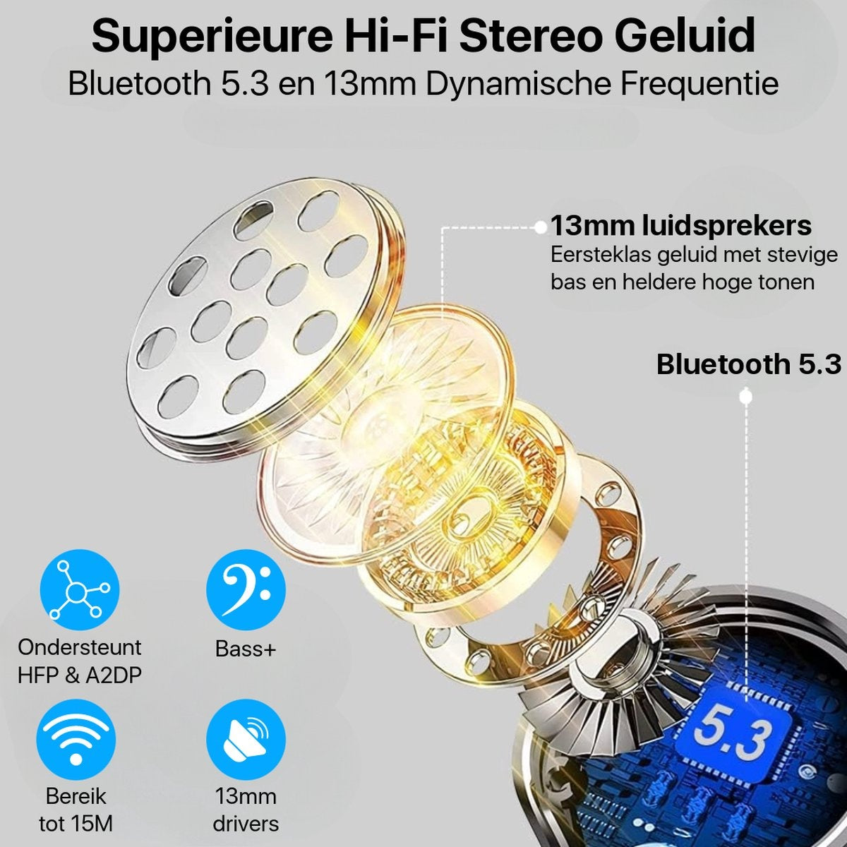 Diagram of an earbud. Shows layers, technical specifications, and Bluetooth 5.3 features, with text in Dutch.