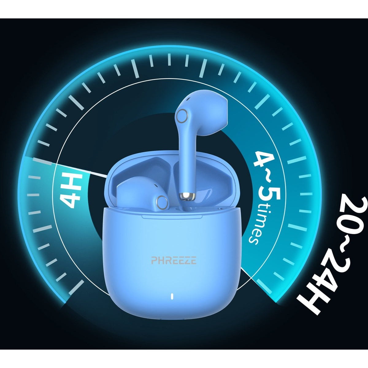 Light blue wireless earbuds with charging case. A circular graphic shows 4H and 20-24H, indicating battery life.