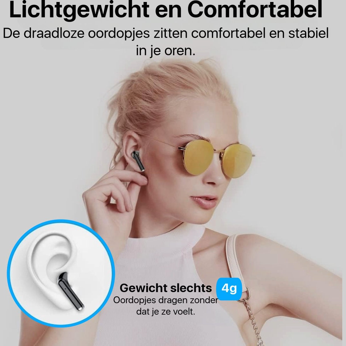 A woman with sunglasses holds a black earbud. Text says 'Lightweight and Comfortable'. A diagram shows an ear and the earbud.