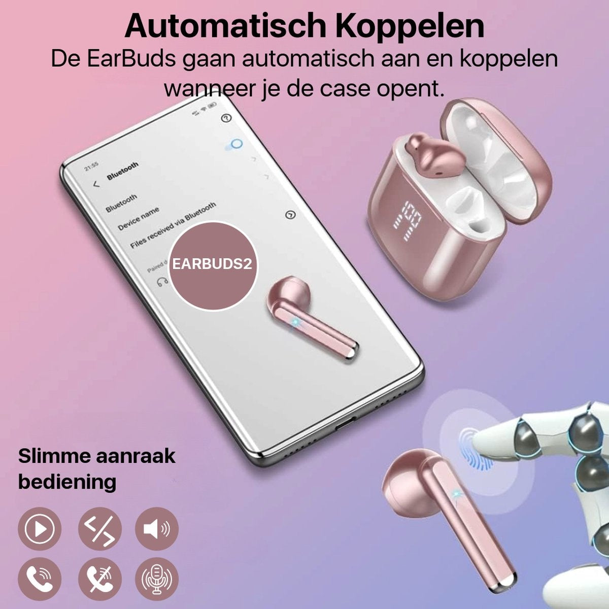 Image shows earbuds, a phone displaying Bluetooth settings, and the charging case. The earbuds are pink, and the phone shows 'EARBUDS2' paired.
