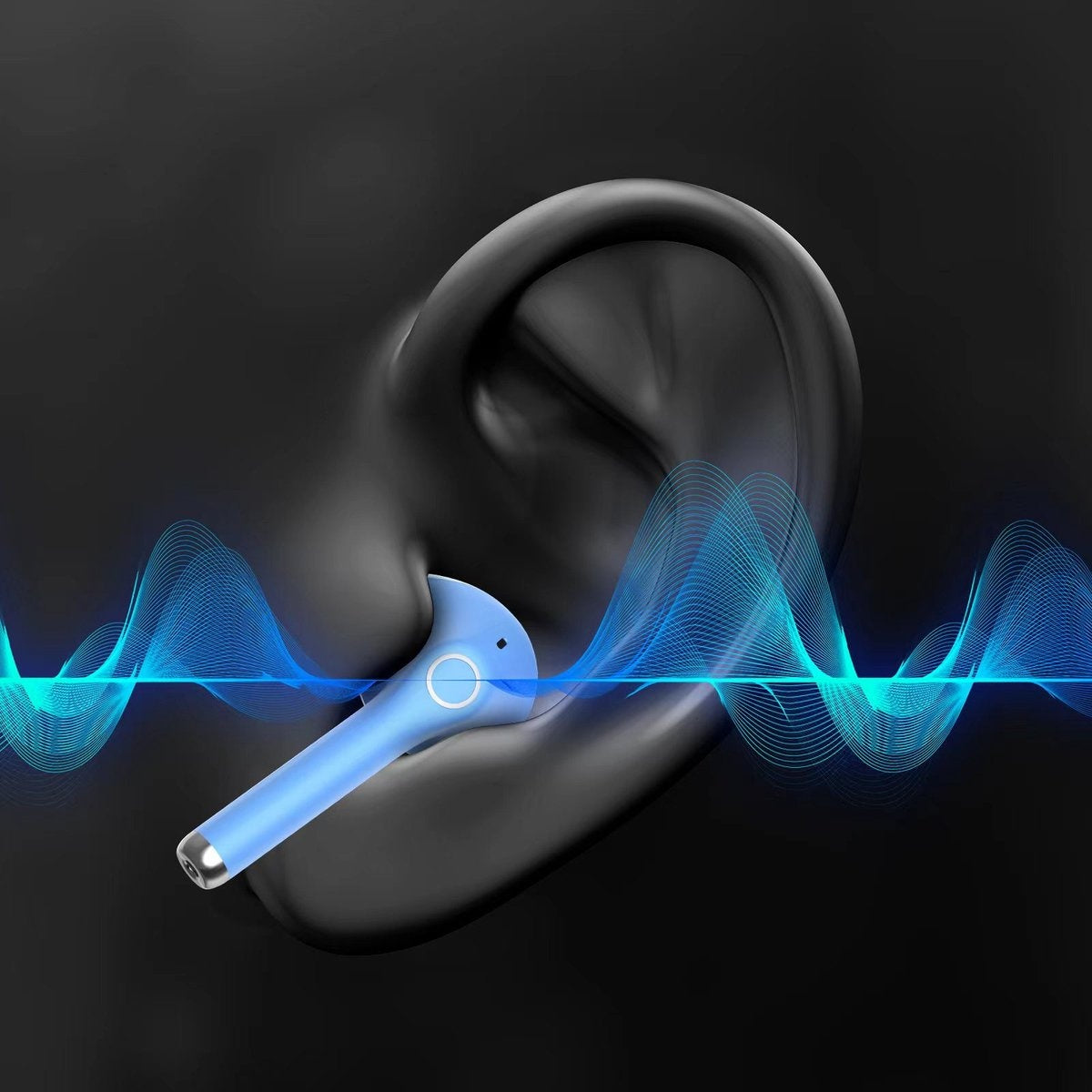A blue wireless earbud is placed in an ear. Blue sound waves are in the background against a black backdrop.