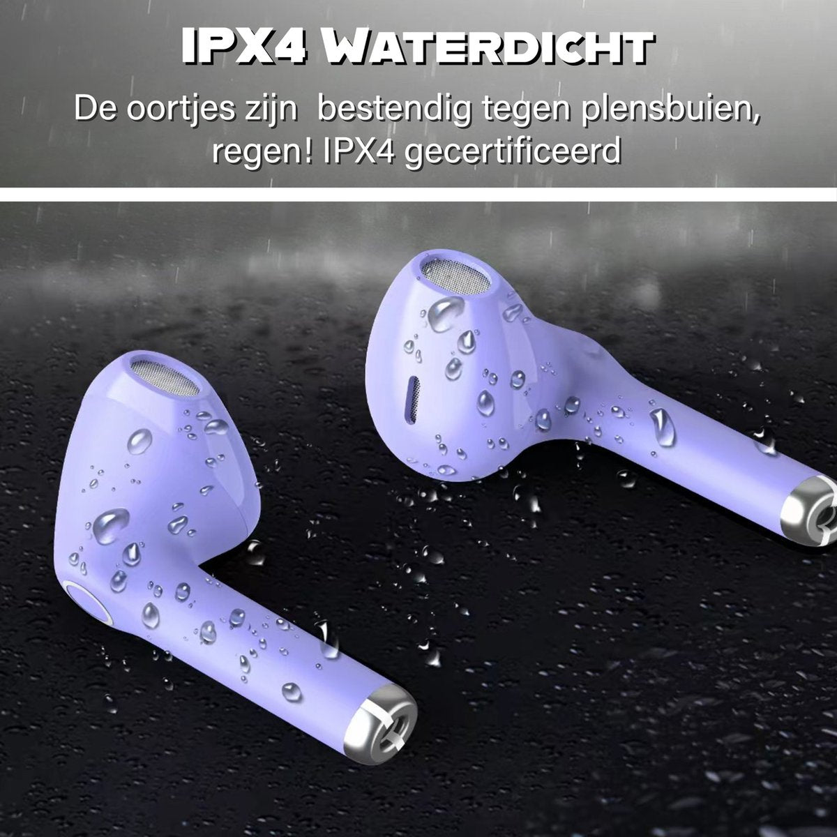 Two purple wireless earbuds with silver tips are shown, covered in water droplets against a dark background, text at top: IPX4 waterproof.