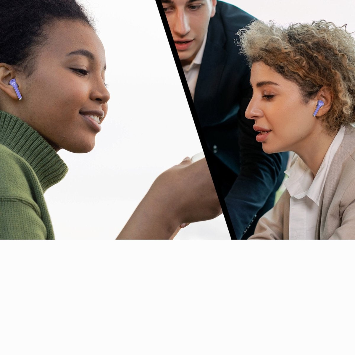 Three people in a bright setting. Two are wearing earbuds. One person is smiling. A man is looking on.