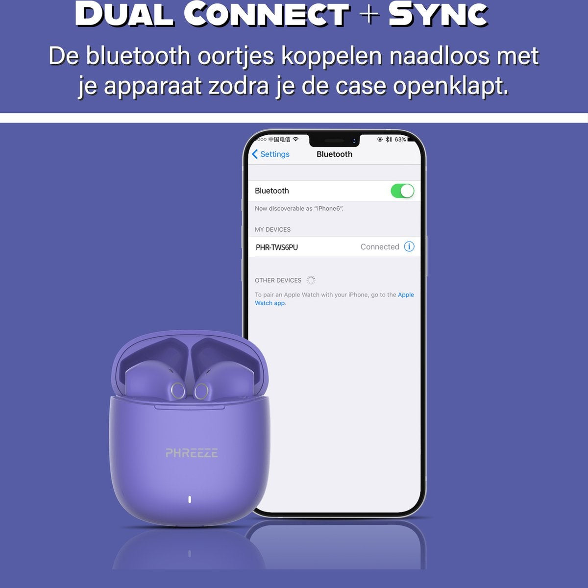 Purple earbuds in a case next to a phone displaying a Bluetooth connection. Text: Dual Connect + Sync.