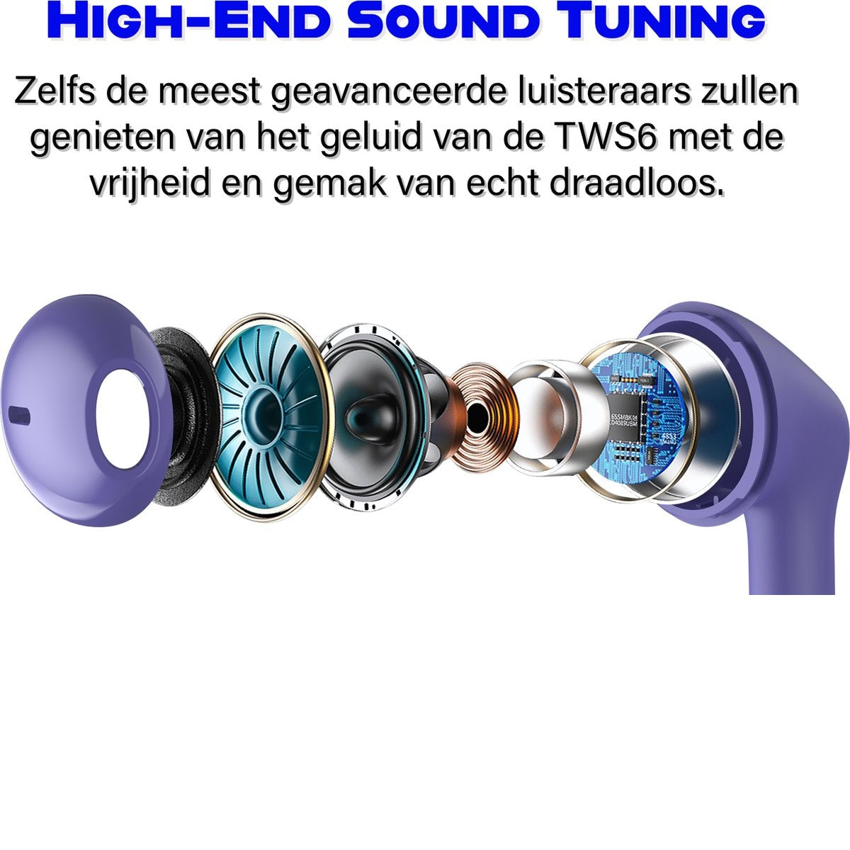An exploded view of a wireless earbud, showcasing its components. Text reads "High-End Sound Tuning".