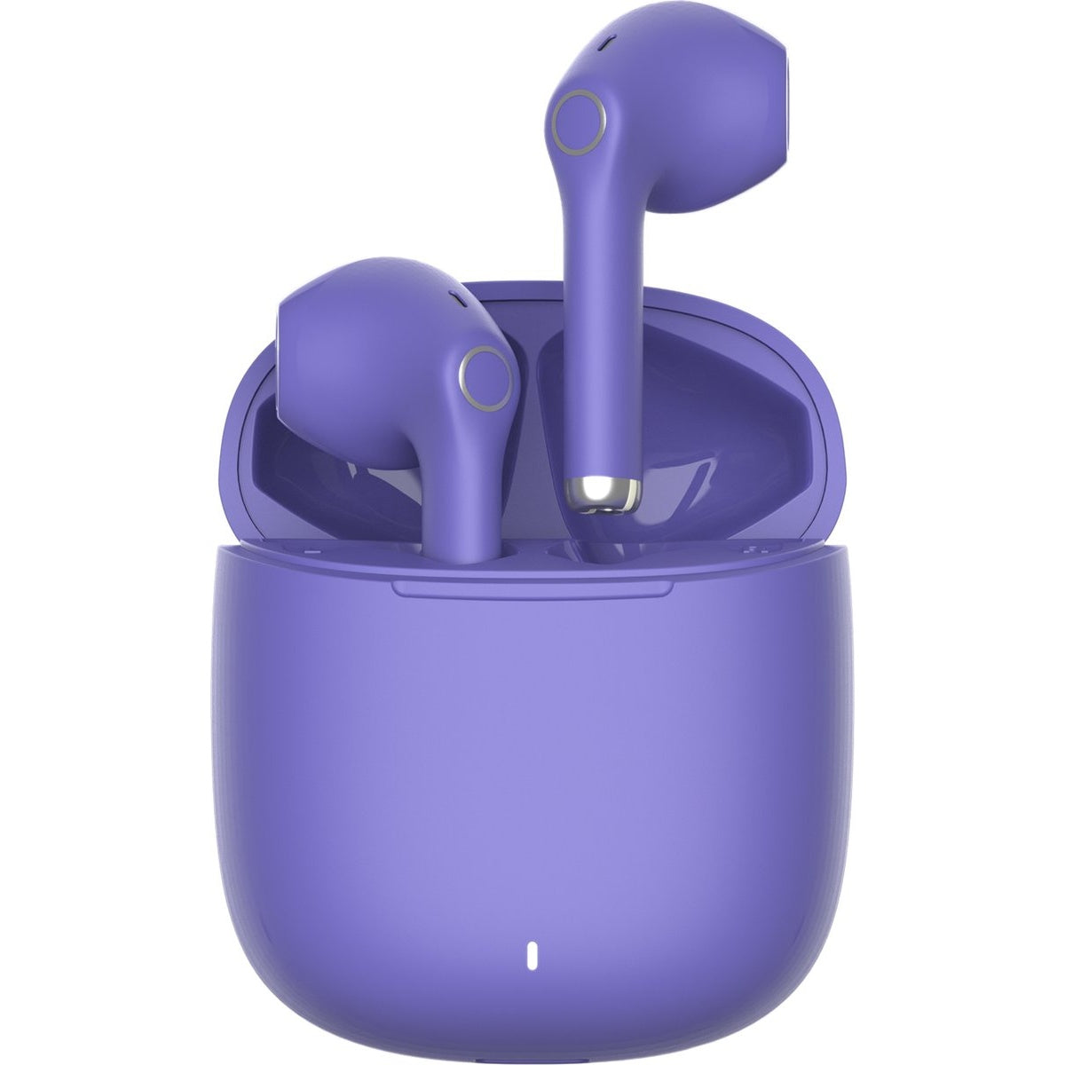 Purple wireless earbuds in an open charging case. The case and earbuds are purple. The background is white.