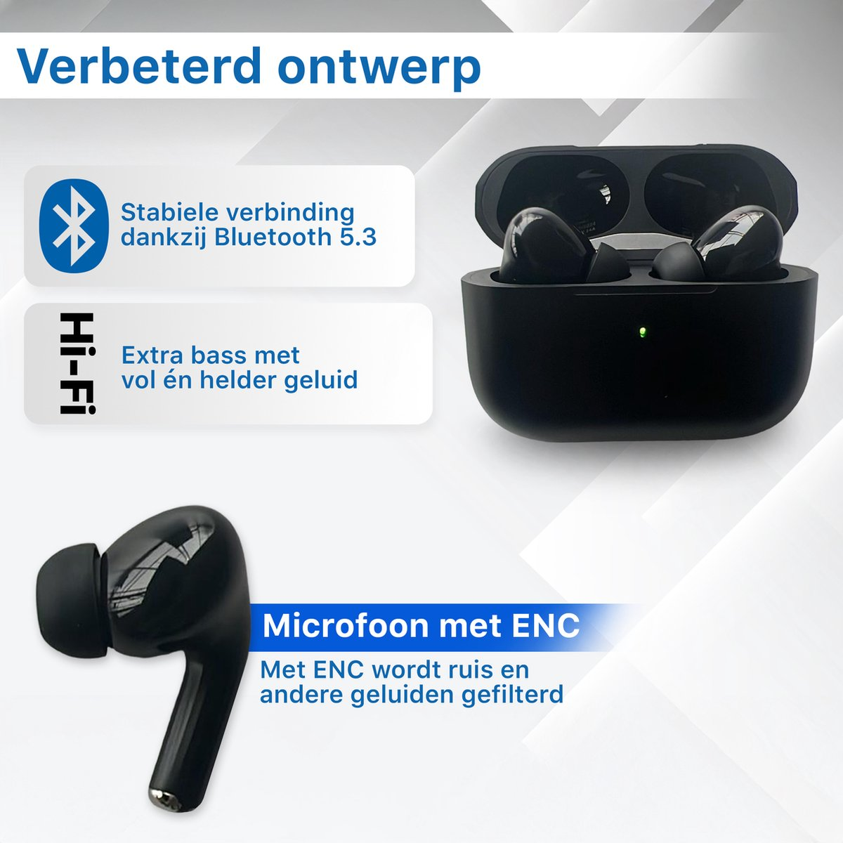 Black wireless earbuds with charging case. Bluetooth 5.3, Hi-Fi, and ENC microphone features are highlighted in the image.
