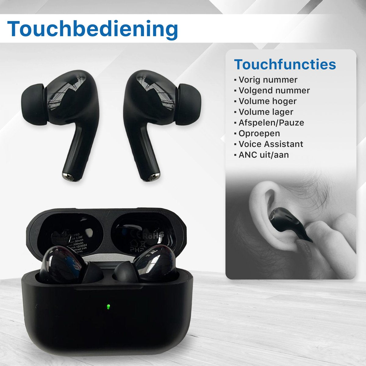 Black wireless earbuds with a charging case. Text explains touch controls and features. Earbuds are shown in ear and out.