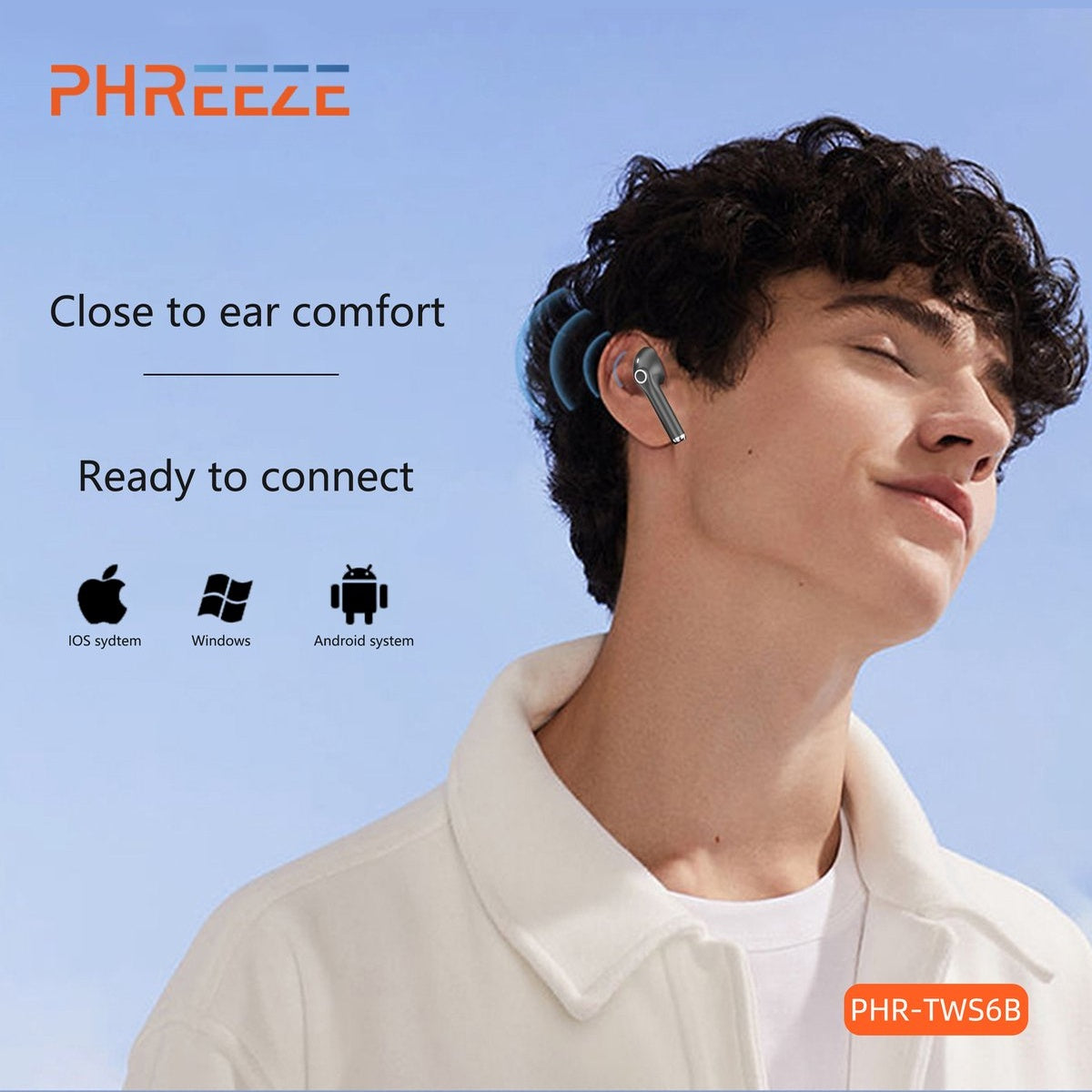 A man wearing a white jacket has an earbud in his ear. The background is blue. Text includes "Close to ear comfort".