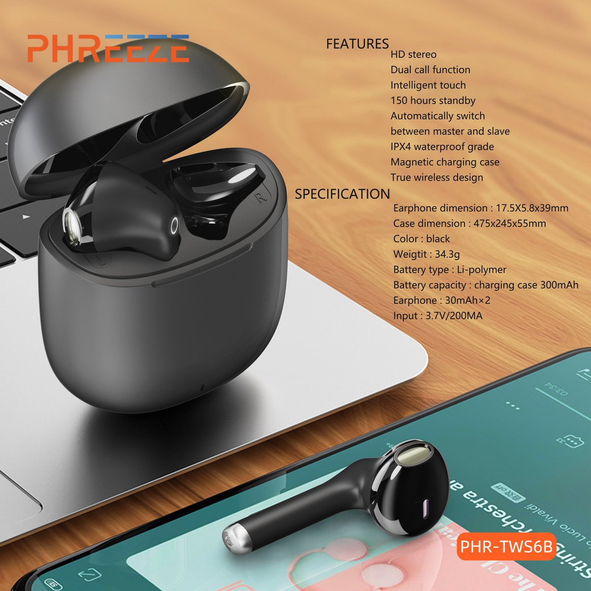 Black wireless earbuds in a charging case. A phone displays a music app. Features and specifications are listed.
