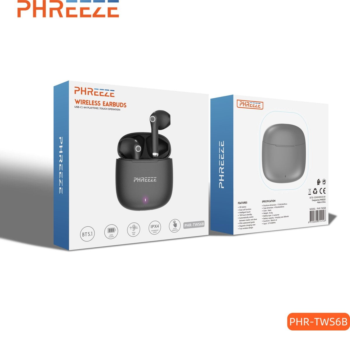 A product box with wireless earbuds, black color, the brand name is Phreeze. The box also shows product specs and features.