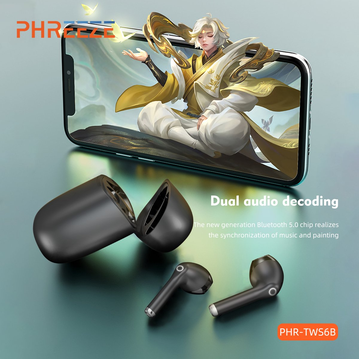Image of wireless earbuds with phone showing a person. Text says 'Dual audio decoding'.