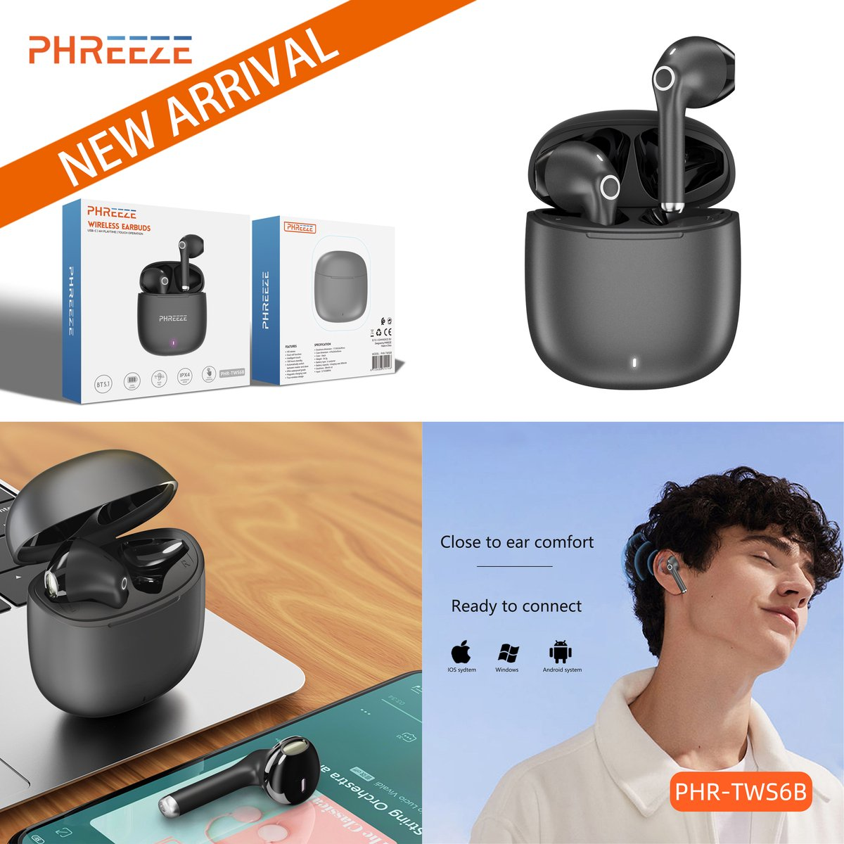 Image shows wireless earbuds with their case, product boxes, and a person wearing them. Text includes "New Arrival" and features.