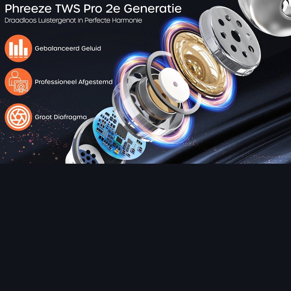 An exploded view of a wireless earbud, showing internal components like a speaker and circuit board, with text in Dutch.