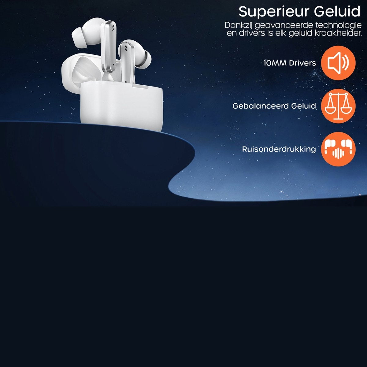 White wireless earbuds with charging case on a dark blue background. Text says 'Superieur Geluid', '10MM Drivers', and 'Balanced Sound'.