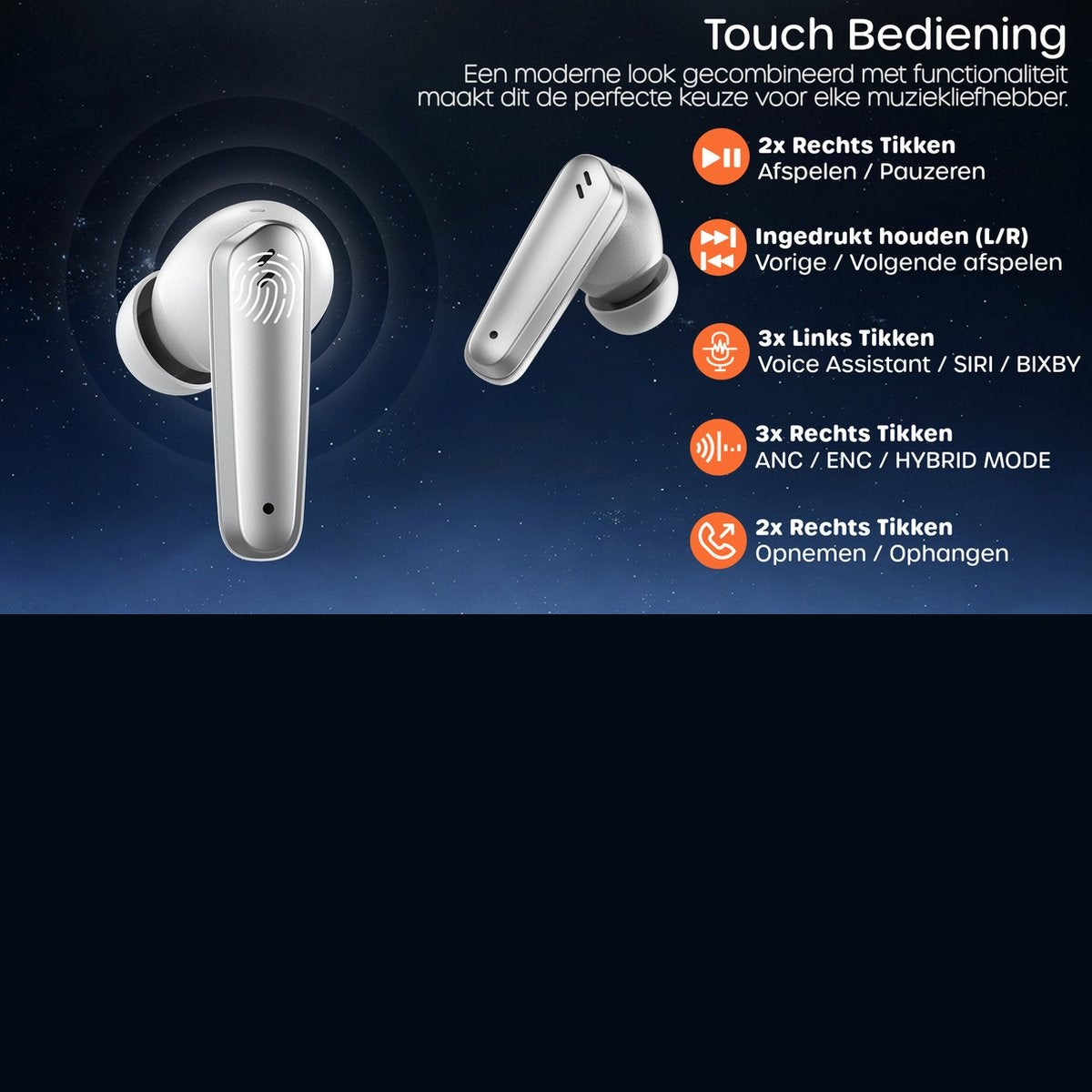 White earbuds on a blue background. Text details touch control functions: play/pause, next track, voice assistant, ANC, and phone call.