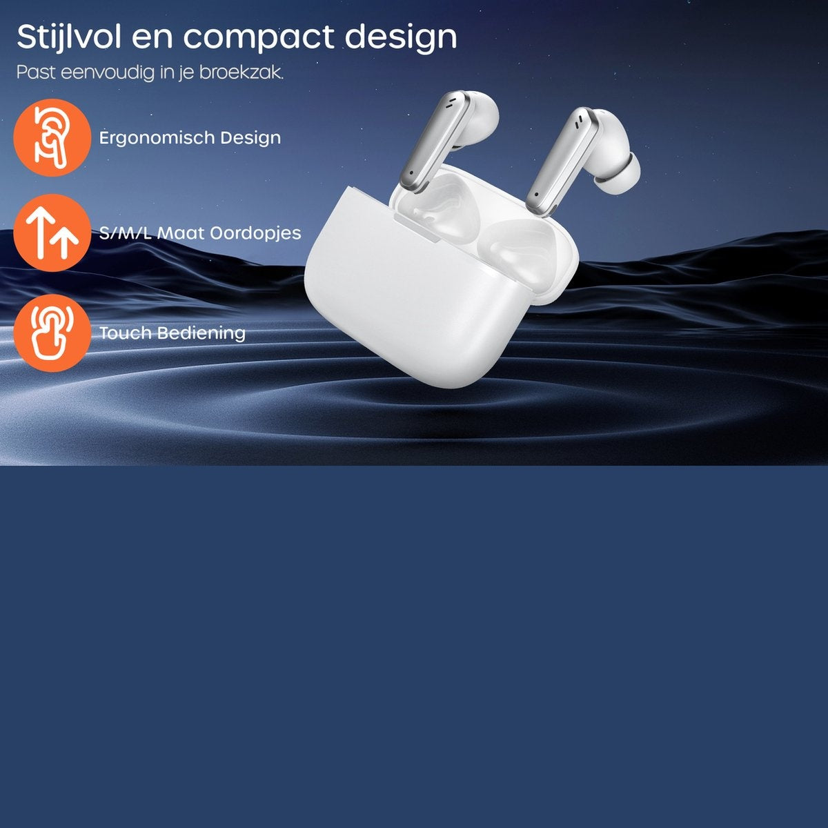White earbuds in a charging case on a dark blue background. Text highlights design features.