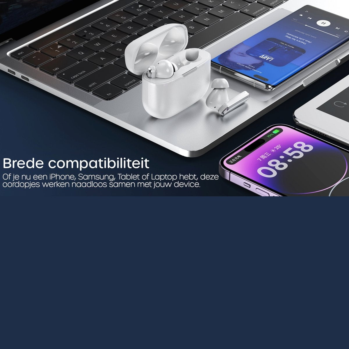 White earbuds with charging case on a laptop, a phone with music playing, and a phone showing the time.