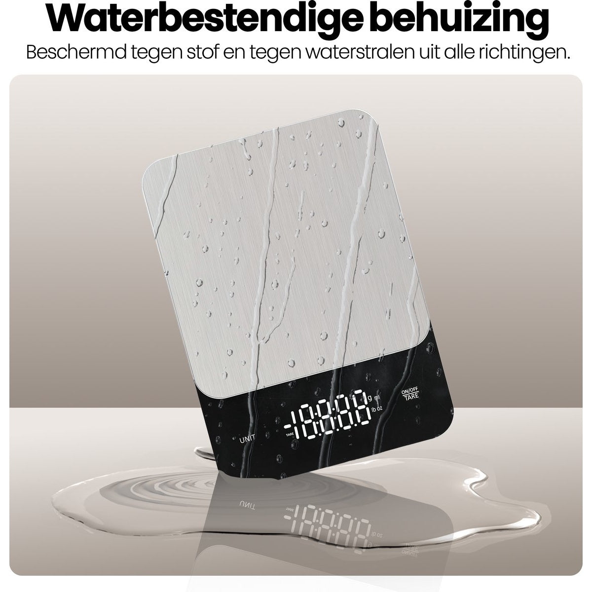 A digital kitchen scale with water droplets on it. The scale is black and silver, with a digital display showing numbers.