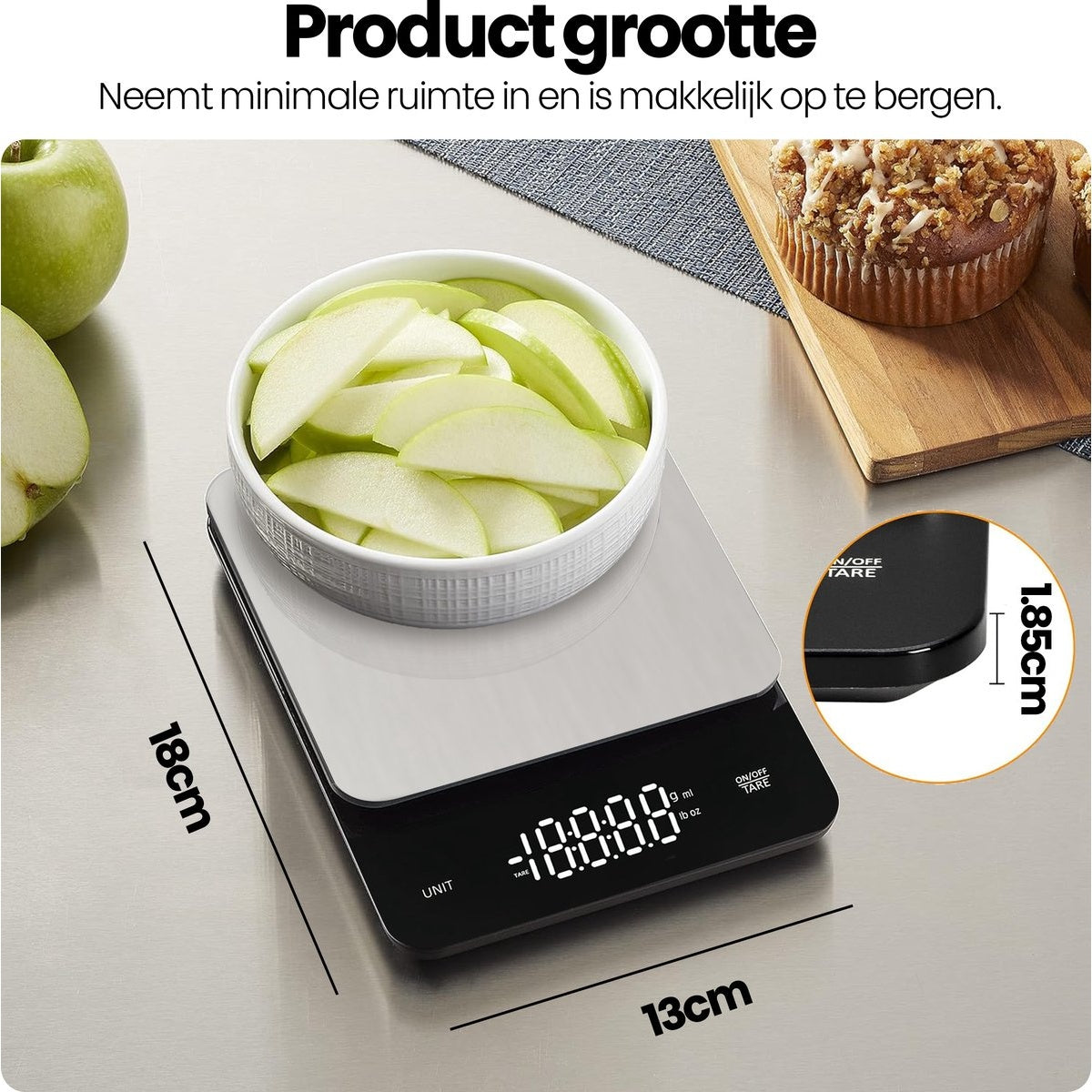 A kitchen scale with a bowl of sliced apples. A muffin is on a wooden board. Dimensions are labeled on the scale.
