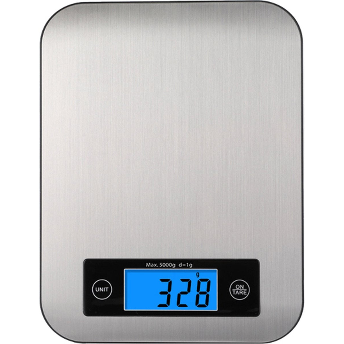 A stainless steel kitchen scale displays 328g on a blue screen. Buttons for unit and tare are on either side.