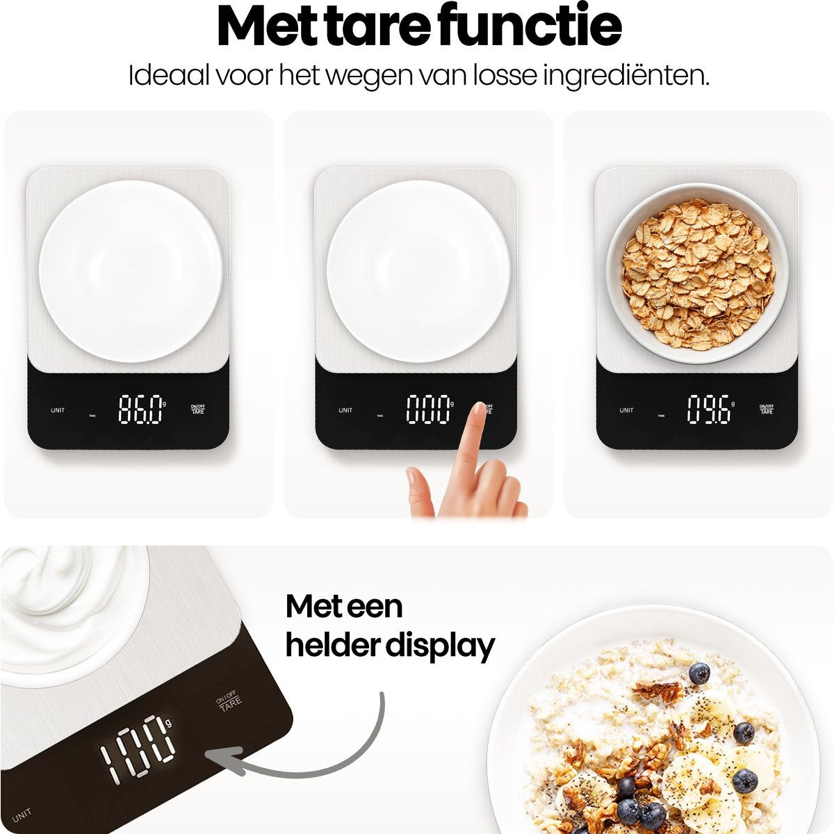 Image shows a scale with three bowls, one empty, one with oats, and one with yogurt, and a display with the weight.