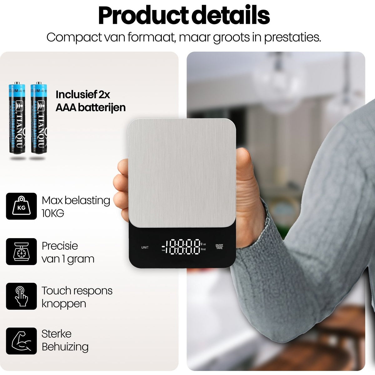 A person holds a digital kitchen scale. The scale is silver and black. Two AAA batteries and product details are also visible.
