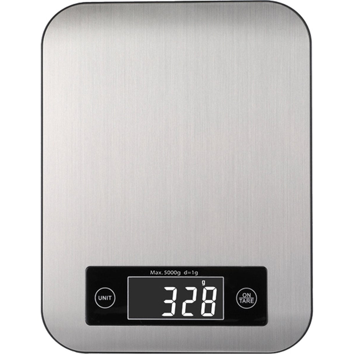 A silver kitchen scale displays 328g on a digital screen. Buttons for unit and tare are visible. Maximum weight is 5000g.