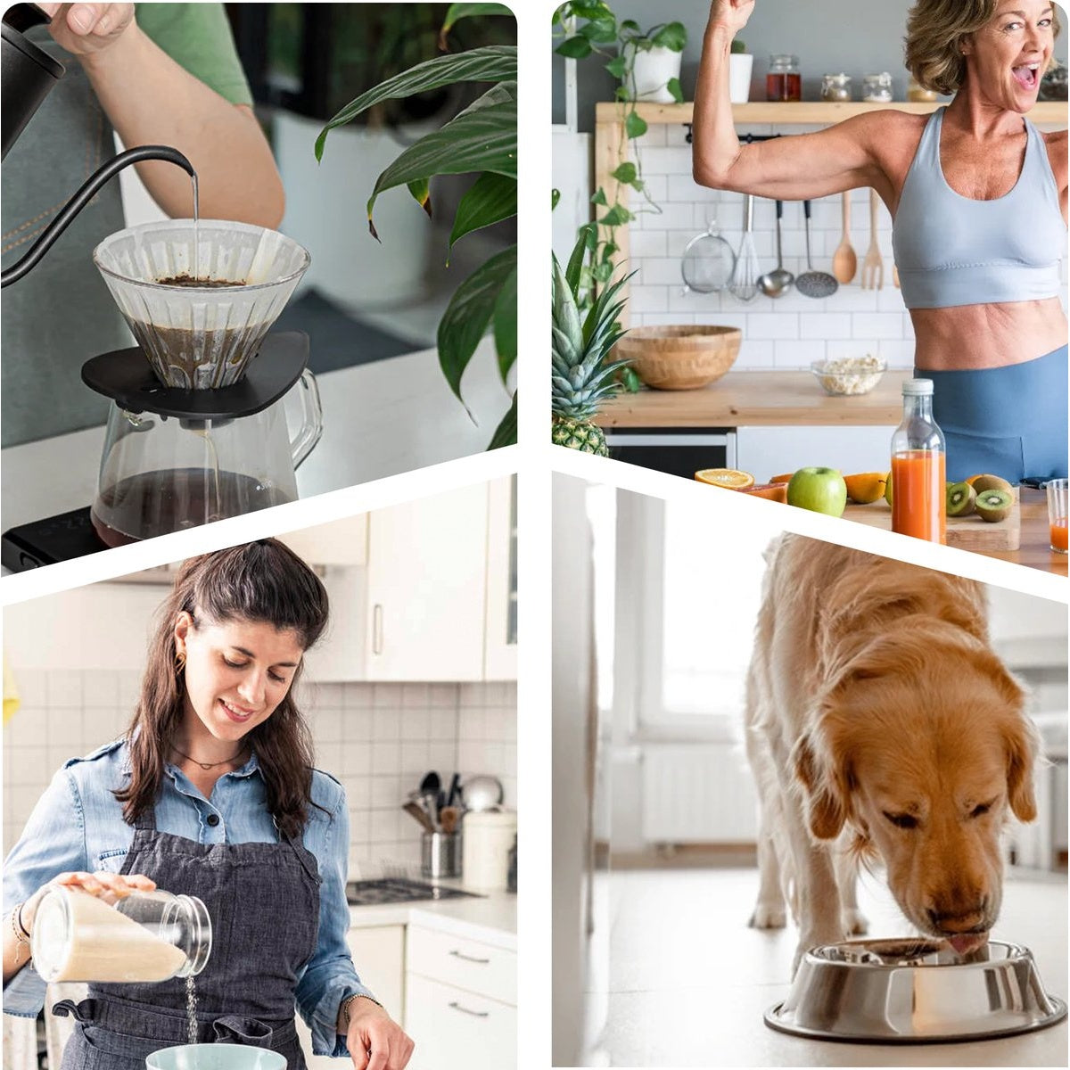 Four images: coffee brewing, woman flexing, woman pouring ingredients, and dog eating from a bowl.