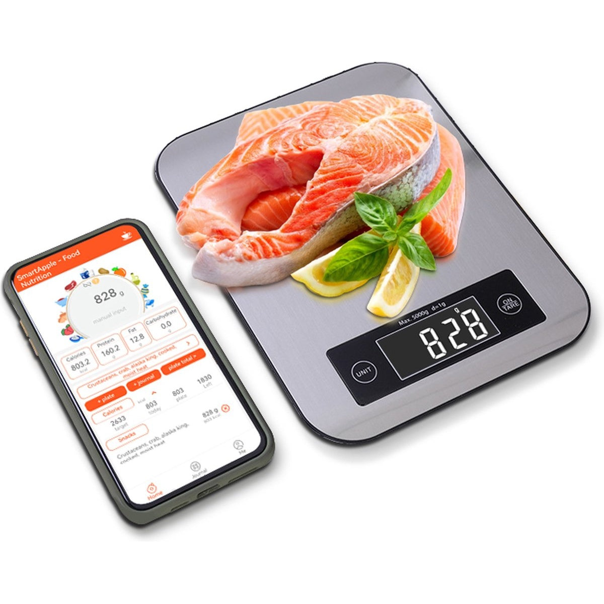 Salmon on a scale next to a phone. The scale shows 828g. The phone displays nutritional information.