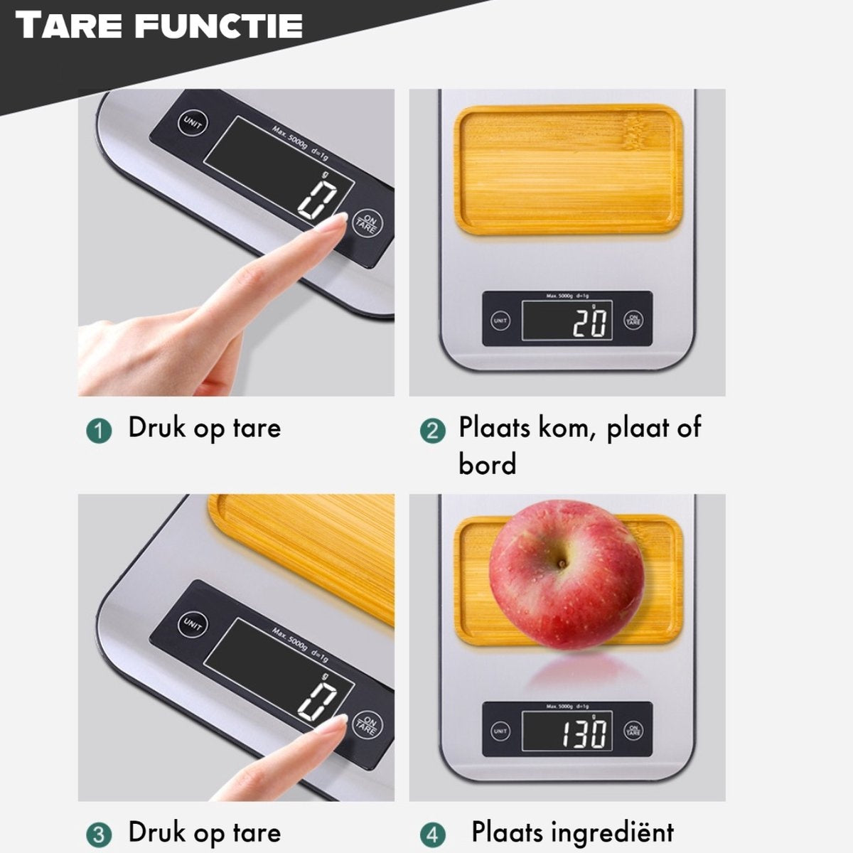 A digital scale with steps: tare button, plate/bowl, tare again, add ingredient (apple). Numbers on the screen show weight.