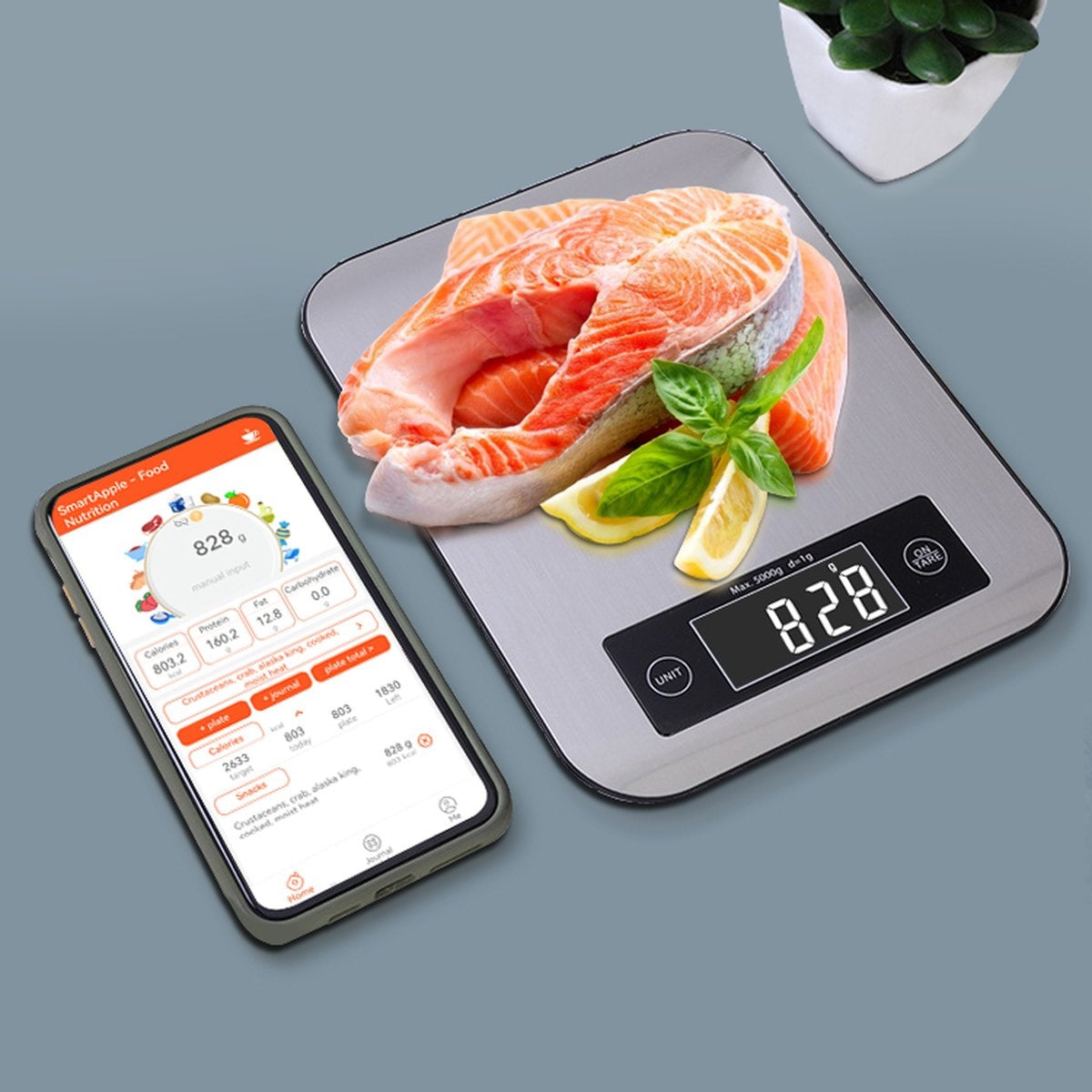 Salmon on a scale with a phone showing nutrition info. Lemon and basil leaves are next to the salmon. A small plant is also in the background.