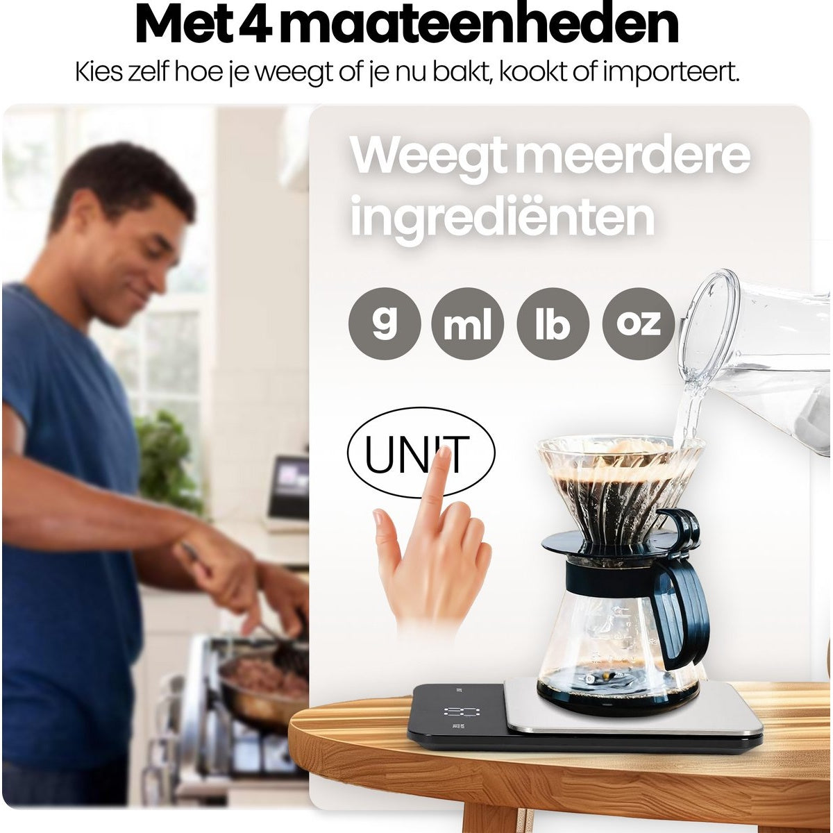 A man in a kitchen, a scale with a hand pointing at 'unit', a glass coffee maker, and text about measuring ingredients.