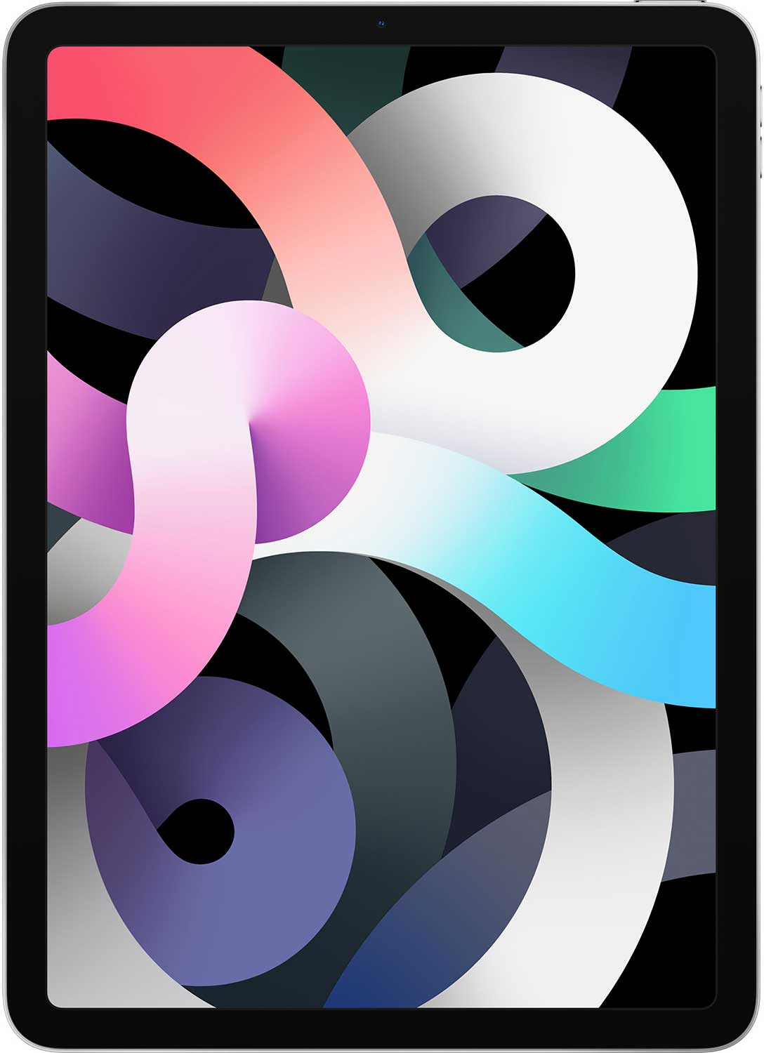 Een iPad Air toont een kleurrijk, abstract ontwerp van vloeiende vormen in roze, blauw, wit en grijs tegen een zwarte achtergrond.