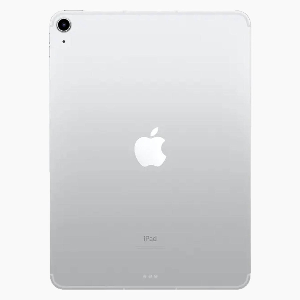 Silver iPad back. Apple logo in center, camera at top left. iPad written at the bottom. Three dots below the word iPad.