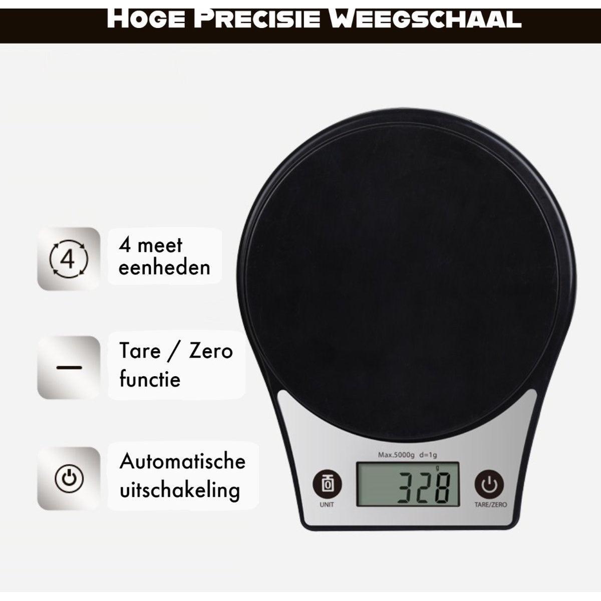 A black digital kitchen scale with a white border. It displays 328g. Text says 'High precision scale', features and unit options.